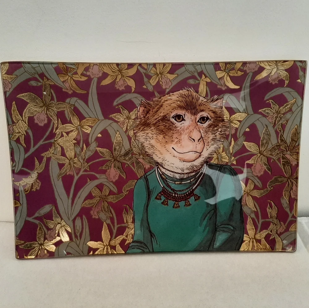 West Elm Dapper Decoupage Monkey Glass Rectangle Trinket Dish